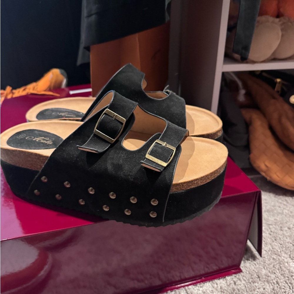 Black Suede Slide platforms Sandals with Buckles